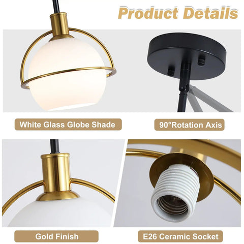 Yuniexuber 2 Pack Modern Mid Century Globe Pendant Lights,Brass Gold and Black Kitchen Island Pendant Lighting with Milk White Glass Shade,Hanging Pendant Light Fixtures for Living Room Bedroom with white glass globe shade and gold finish.