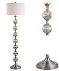 Mercury Silver Glass LED Floor Lamp With White Linen Drum Shade 60.5 Inch Tall Dope Contemporary Stacked Fluted Ball Standing Light