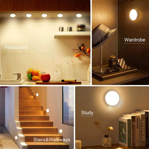 3 Pack Motion Sensor LED Night Lights With USB Rechargeable Battery installed in various home settings like kitchen and study
