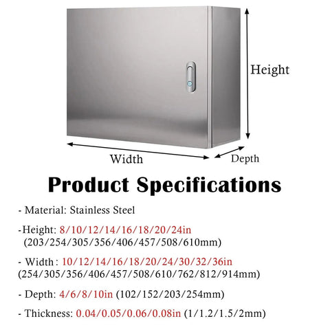Rugged And Weatherproof Outdoor Electrical Enclosure Box With Stainless Steel Shell For Wall Mount Junction Chest And Electric Control Panels, Built To Last Outdoor Electrical Box Measures 12x16x8 Inches And 1.2 Millimeter Thick shown with dimensions and specifications.