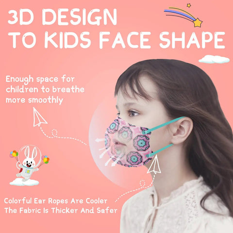 Child wearing Kids KN95 Face Masks 30 Pack With 5 Layers Disposable Protective Covers Small Size For Kiddos Boys And Girls Elastic Earloops Plaid Flower Design Ideal For School Indoor Outdoor Use