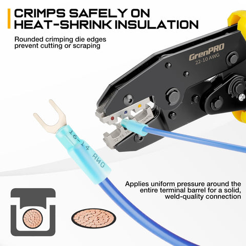 Wire Crimping Tool For Insulated Electrical Wire Connectors AWG 22 To 10 9 Inch Crimping Pliers with precision ratchet.