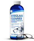 Front view of blue eyeglass cleaner bottle, 8 FL OZ (236 ml), labeled Ultrasonic Cleaner Solution, with glasses beside.