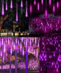 Meteor Shower Rain Lights 192 LED Icicle Strings, 8 Tubes Purple Outdoor Christmas Lights on trees and bushes