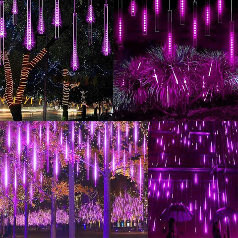 Meteor Shower Rain Lights 192 LED Icicle Strings, 8 Tubes Purple Outdoor Christmas Lights on trees and bushes