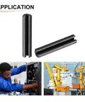 Slotted Spring Pins 1.7mm X 8mm Black 30 Pack Carbon Steel Roll Dowel Tension Pins For Home Workshop And Small Machinery Durable Fasteners With Smooth Surface And Easy Fit shown in both vertical and horizontal views, with applications in electronics and maritime industries.