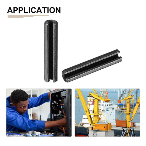Slotted Spring Pins 1.7mm X 8mm Black 30 Pack Carbon Steel Roll Dowel Tension Pins For Home Workshop And Small Machinery Durable Fasteners With Smooth Surface And Easy Fit shown in both vertical and horizontal views, with applications in electronics and maritime industries.