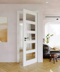 30 Inch By 80 Inch Slab Door With Five Panel Clear Glass Interior French Style, Solid Core Pre Finished Single Panel For Pantry Bedroom Or Closet, Pocket Door That Delivers A Go To Bifold Or Barn Door Look Without Hardware installed in living room