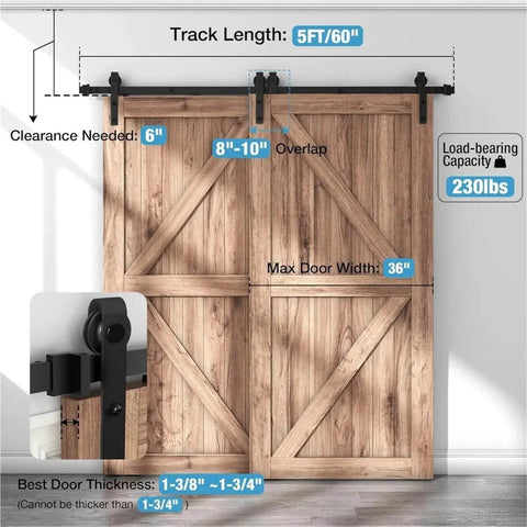 Five Foot Single Track Barn Door Hardware Kit for Double Wooden Doors With Flat Track Rollers Low Ceiling Friendly Smooth Quiet Sliding System For Home Or Office Use 5 Ft Track Kit shown installed on wooden doors, highlighting track length and door width specifications.