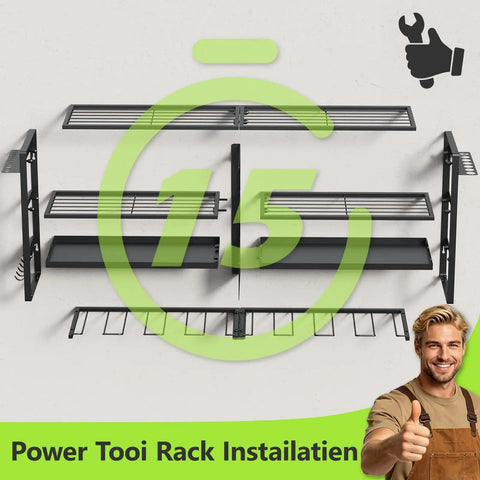 Heavy Duty Power Tool Wall Mount Organizer With 4 Tier Shelves And 8 Drill Holders, Supports Up To 300Lbs, Ideal Garage Workshop Basement Storage, Black.