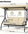 Three Seat Outdoor Patio Swing With Adjustable Canopy And Backrest Convertible Glider Bed On Stand Removable Cushions 45 Degree Tilt For Backyard Poolside Or Balcony 750 Lbs Weight Capacity