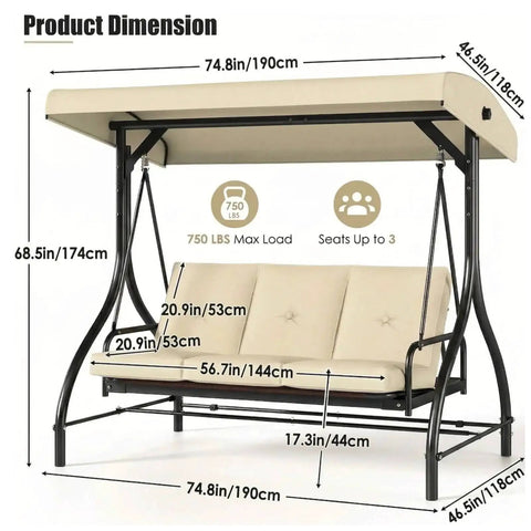 Three Seat Outdoor Patio Swing With Adjustable Canopy And Backrest Convertible Glider Bed On Stand Removable Cushions 45 Degree Tilt For Backyard Poolside Or Balcony 750 Lbs Weight Capacity