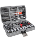 64 Piece Three Eighths Inch Ratchet Socket Set in open gray case, displaying various sockets and tools for automotive repair