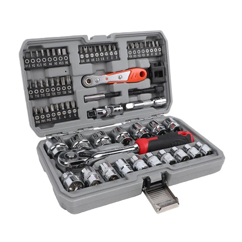 Three Eighths Inch Socket Set, Sixty-Four Piece Ratchet Wrench Kit With 72-Tooth Ratchet And Bit Driver in open gray case