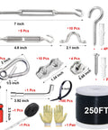 Ultimate 250ft Globe String Light Suspension Kit For Outdoors All In One DIY Hanging Set components display.