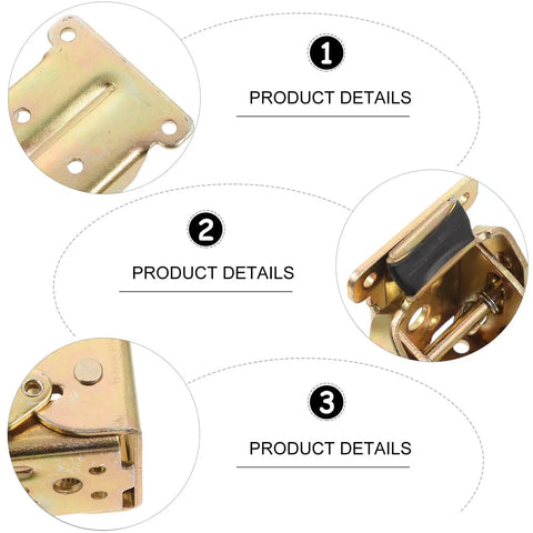 3 detailed views of 4 Pack Folding Furniture Leg Hinges With Auto Lock And Lock Extension in gold SPCC steel with lock mechanism visible