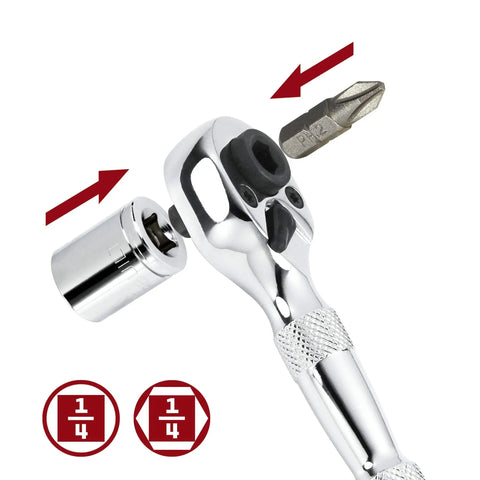 Stubby 1/4 Inch Ratchet Wrench With Quick Release, Reversible 72 Tooth Mechanism, Dual Sided For Sockets And Hex Bits, Chrome Vanadium Build