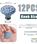 Light Blue Ceramic Kitchen Cabinet Knobs Set Of 12, 34mm Diameter Round Pull Handles, 1.3 Inches Wide And 1.2 Inches High, Includes Screws And Mini Screwdriver For Easy Installation, Classic Vintage Look For Cabinets And Drawers. Ceramic knob size guide with screws and hand-held view