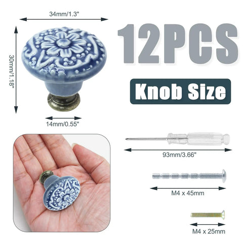 Light Blue Ceramic Kitchen Cabinet Knobs Set Of 12, 34mm Diameter Round Pull Handles, 1.3 Inches Wide And 1.2 Inches High, Includes Screws And Mini Screwdriver For Easy Installation, Classic Vintage Look For Cabinets And Drawers. Ceramic knob size guide with screws and hand-held view