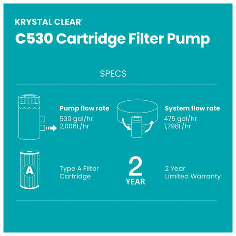 Powerful Cartridge Filter Pump for Above Ground Pools: Delivers 530 GPH Flow Rate with Built-in Auto Timer specs and warranty details