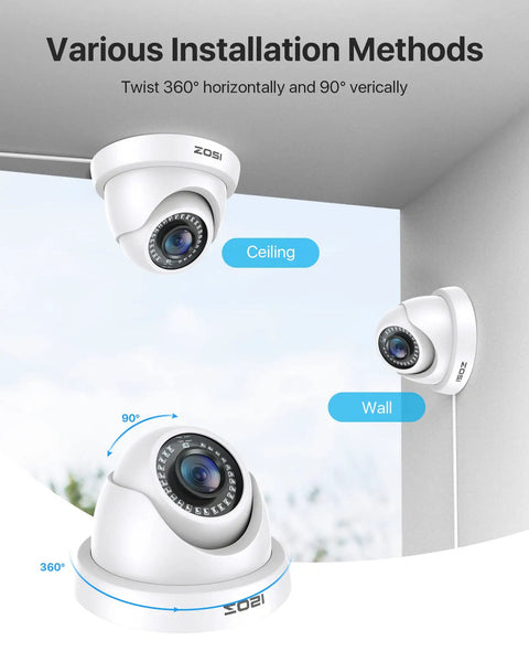 1080p Dome Security Camera, Hybrid 4 In 1 HD-CVI/TVI/AHD/960H, 2MP installation methods on ceiling and wall