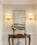 Vintage Linen Fabric Brass Gold Wall Sconce Light for Hallway, Bedroom, in an elegant entryway with artwork and decor.
