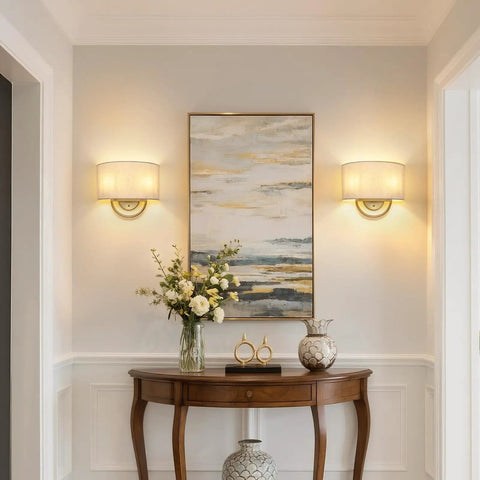 Vintage Linen Fabric Brass Gold Wall Sconce Light for Hallway, Bedroom, in an elegant entryway with artwork and decor.