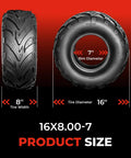 All Terrain Mud ATV UTV Tires 16x8-7 Set Of 2 Tubeless 4 Ply With Directional Tread side and front view with dimensions