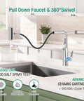 CREA Waterfall Kitchen Faucets with Soap Dispenser, Bar Sink Faucet with Pull Down Sprayer in brushed nickel with 360° swivel.