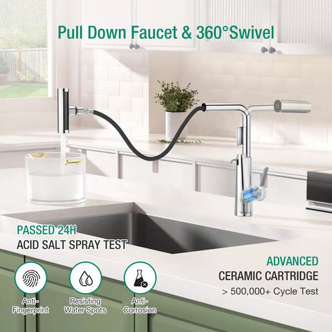 CREA Waterfall Kitchen Faucets with Soap Dispenser, Bar Sink Faucet with Pull Down Sprayer in brushed nickel with 360° swivel.