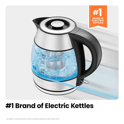 Cordless Glass Electric Kettle With Infuser 1.2L 1500W Fast Boil BPA Free Auto Shut Off No Fuss Boil Dry Protection Removable Lid LED Indicator Lights Clear Tea Kettle