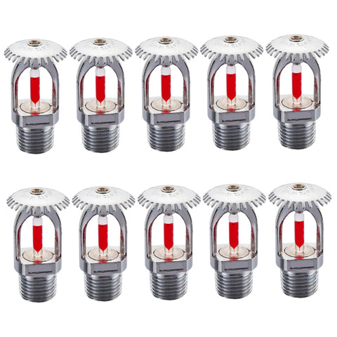 Pro Grade Fire Sprinkler Head 10 Pack Triggers Quick Response Activation At 155F with chrome design and red indicator, half-inch thread mount.