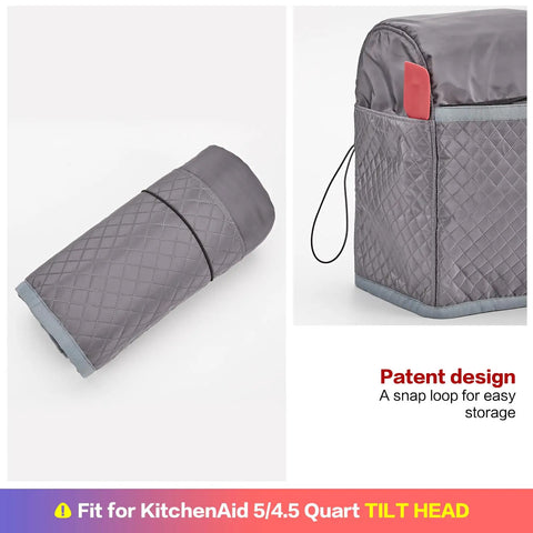 Quilted Dust Cover With Handy Pockets For Stand Mixer 4.5 To 5 Qt Tilt Head Grey, folded and side view with snap loop