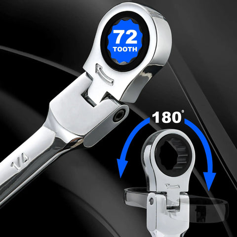 Close-up of Flex Head Ratcheting Wrench Set 14 Piece SAE Wrenches showing 72-tooth design and 180-degree flexibility