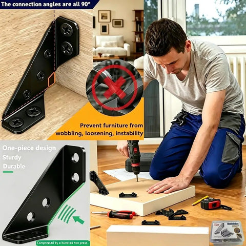 Tough As Nails Black Stainless Steel Corner Braces For Wood Lock Tight L Brackets and Angle Connectors in action, securing furniture.