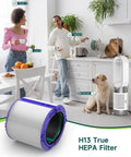 Couple with dog using 2 Pack TP04 Filter Replacement For TP04 HP04 DP04 Air Purifier. H13 True HEPA filter in foreground.