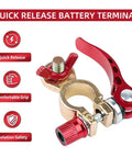 Beefy Quick Release Battery Terminal Connectors Kit with red brass clamp for cars, vans, trucks, showing quick release design.