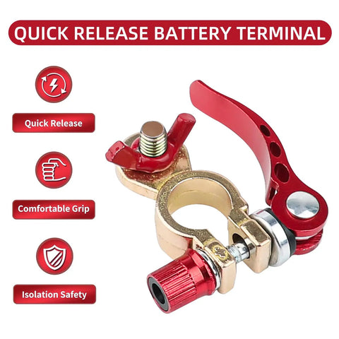 Beefy Quick Release Battery Terminal Connectors Kit with red brass clamp for cars, vans, trucks, showing quick release design.