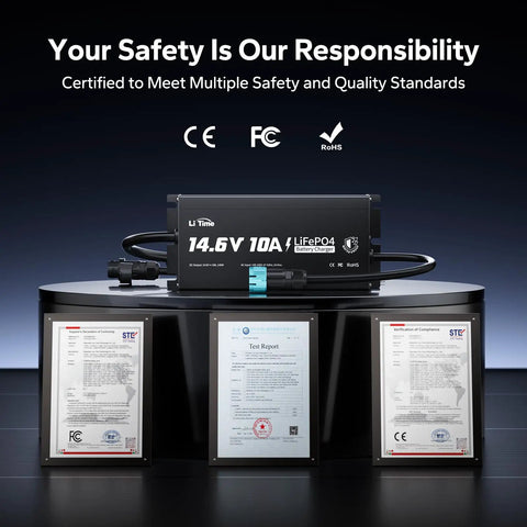 Rugged 10 Amp 12 Volt Lithium Battery Charger With IP65 Waterproof Rating For LifePo4 Batteries showing safety certifications on display.