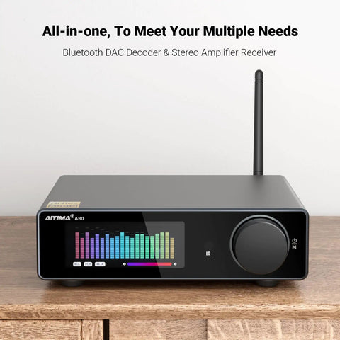 Front view of A80 Bluetooth Stereo Amplifier DAC With PFFB And 2 Channel Hi Res Class D Beefy Power Amp with antenna