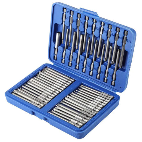 Top Tier 50 Pc Screwdriver Bits Set Made Of High Carbon Steel For Power Tools And Home DIY Projects. Durable Hex Phillips Flat Head Drill Bit Kit With Heat Treated Surface To Prevent Stripping And Last Forever. blue case open with 50 high carbon steel bits