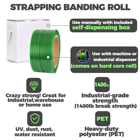 Pallet Strapping Coil In Green Polyester PET For Industrial Packaging Beefy Strength 1000 Ft Roll with self-dispensing box