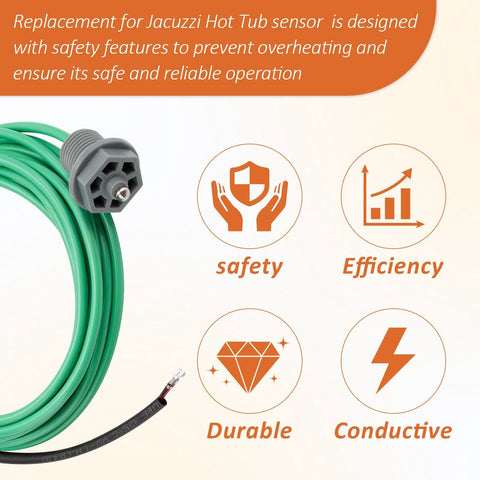 Temperature sensor for hot tubs with green cable and gray hex connector.