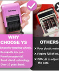 No Sweat Self Inking Date Stamp With Twelve Year Range And Clean Purple Base Quick Office Dater For Fast Business Paperwork shown in hand.