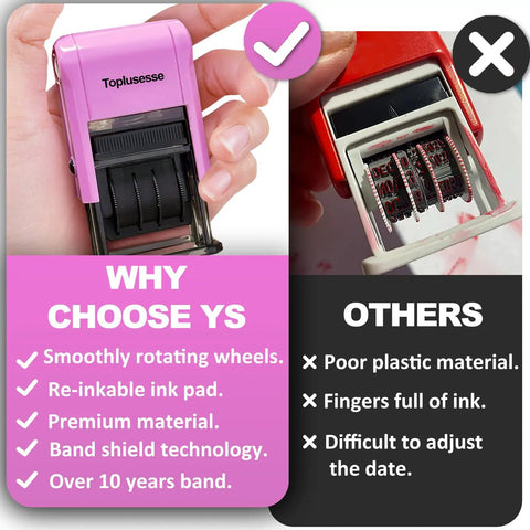 No Sweat Self Inking Date Stamp With Twelve Year Range And Clean Purple Base Quick Office Dater For Fast Business Paperwork shown in hand.