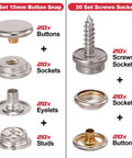 20 set 15mm button snaps and screw sockets with 20 buttons, sockets, eyelets, and studs for heavy-duty snap fastener tool kit.