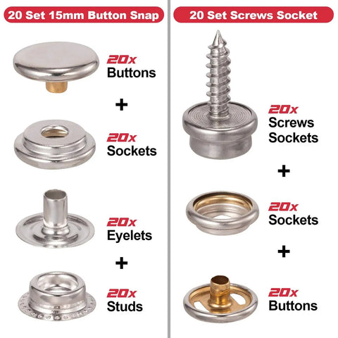 20 set 15mm button snaps and screw sockets with 20 buttons, sockets, eyelets, and studs for heavy-duty snap fastener tool kit.
