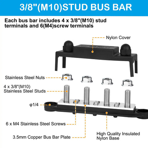Top Shelf Heavy Duty Bus Bar Power Distribution Block Featuring Thick Tinned Copper Plates And Massive Stud Terminals For Flawless Two Hundred Fifty Amps Twelve Volt Solar Rv Automotive Battery Setup with stainless steel nuts and studs.