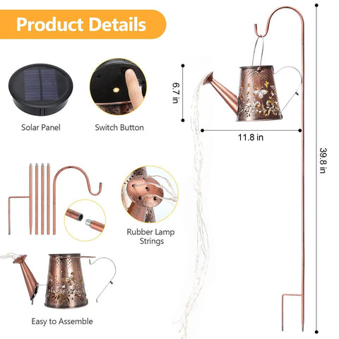 Outdoor Solar Garden Lights Watering Can Lantern with waterproof build, copper wire LED string, and 39.8-inch hanging hook.