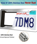 2 Pack Heavy Duty Stainless Steel License Plate Frame Mirror Polished Front And Rear Car Tag Holder With Screws And Chrome Caps Rustproof Metal Construction showcasing a polished frame with a sample plate.